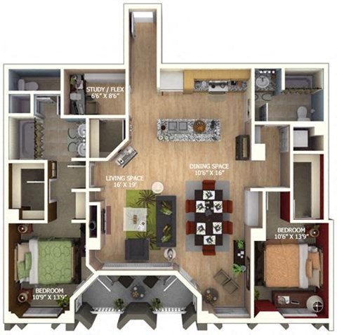 Floor plan for 2 beds, 2 baths, 1619 sqft